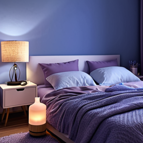**Cozy bedroom at night:** Soft blue walls, dim lighting, aromatherapy diffuser with lavender scent, comfortable bedding, noise-canceling curtains, digital devices turned off. Focus on tranquility and sleep preparation.