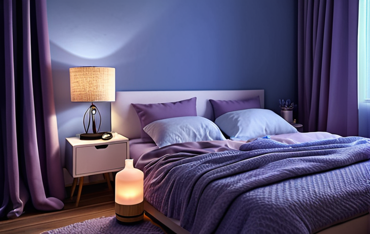 **Cozy bedroom at night:** Soft blue walls, dim lighting, aromatherapy diffuser with lavender scent, comfortable bedding, noise-canceling curtains, digital devices turned off. Focus on tranquility and sleep preparation.