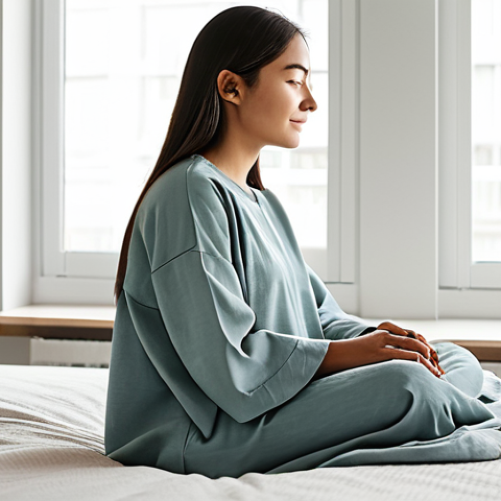 A serene professional woman in modest, comfortable lounge wear, sitting peacefully on a bed in a minimalist, sunlit bedroom. She is looking out a window with a calm, well-rested expression. The room features soft, neutral colors, a cozy blanket, and a small potted plant on a nightstand, conveying a sense of tranquility and wellness. The overall image captures deep relaxation and the benefit of good rest. fully clothed, appropriate attire, appropriate content, safe for work, perfect anatomy, correct proportions, natural pose, well-formed hands, proper finger count, natural body proportions, professional photography, high quality, family-friendly.