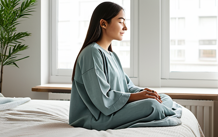 A serene professional woman in modest, comfortable lounge wear, sitting peacefully on a bed in a minimalist, sunlit bedroom. She is looking out a window with a calm, well-rested expression. The room features soft, neutral colors, a cozy blanket, and a small potted plant on a nightstand, conveying a sense of tranquility and wellness. The overall image captures deep relaxation and the benefit of good rest. fully clothed, appropriate attire, appropriate content, safe for work, perfect anatomy, correct proportions, natural pose, well-formed hands, proper finger count, natural body proportions, professional photography, high quality, family-friendly.