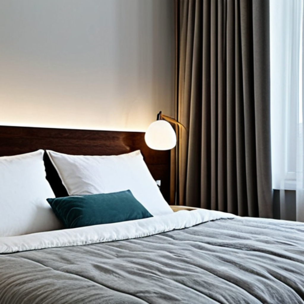 Peaceful Bedroom Sanctuary**

"A serene and inviting bedroom interior, soft lighting, blackout curtains, a comfortable bed with fluffy pillows, a bedside table with a book and a glass of water, a humidifier subtly steaming, the room is tidy and uncluttered, creating a calming atmosphere, safe for work, appropriate content, fully clothed, modest, family-friendly, perfect anatomy, correct proportions, natural pose, well-formed hands, proper finger count, natural body proportions, professional photography, high quality."

**