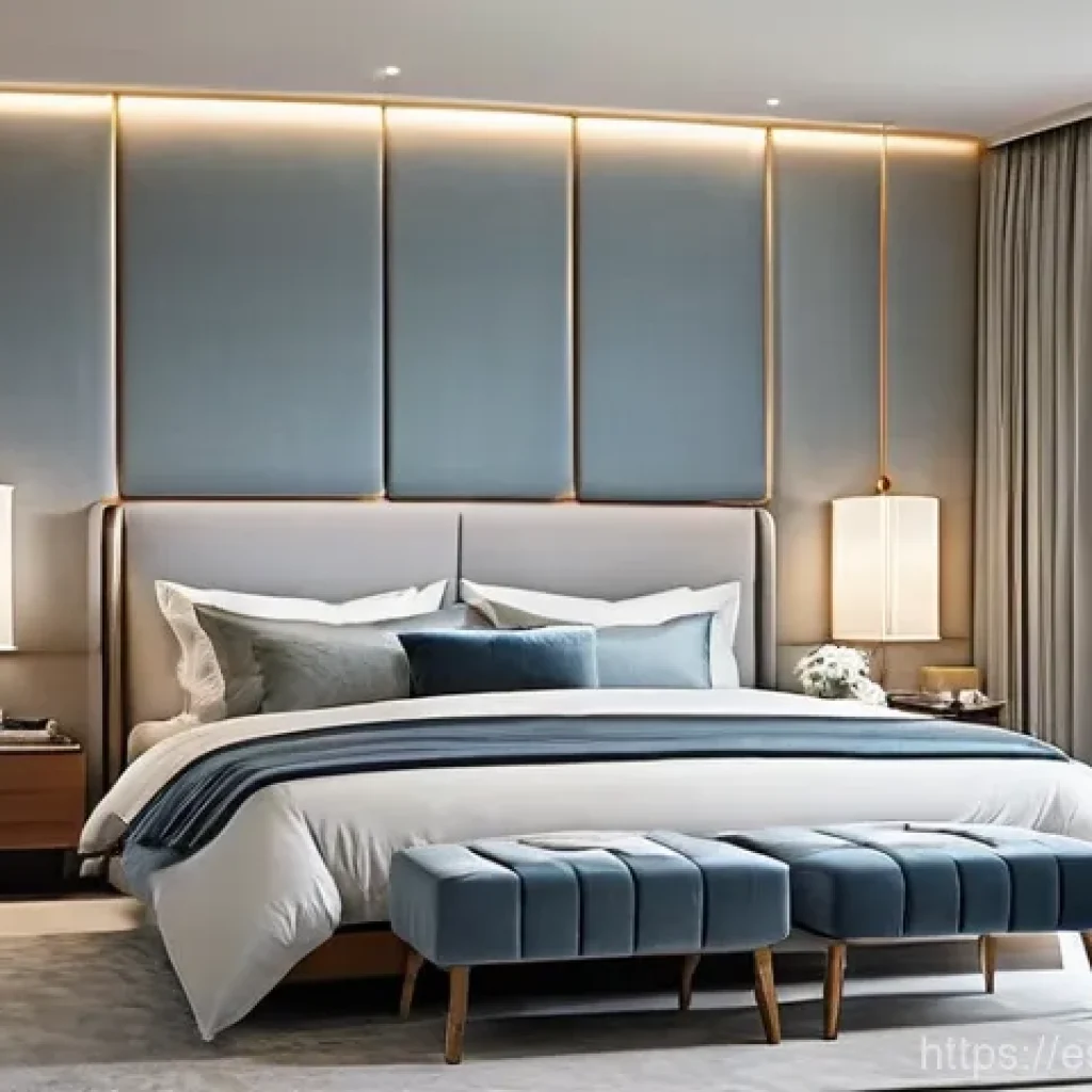 침실에서의 소음 관리 방법 - **"A serene and modern bedroom interior designed for ultimate tranquility. The main wall features el...