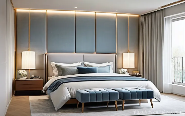 침실에서의 소음 관리 방법 - **"A serene and modern bedroom interior designed for ultimate tranquility. The main wall features el...