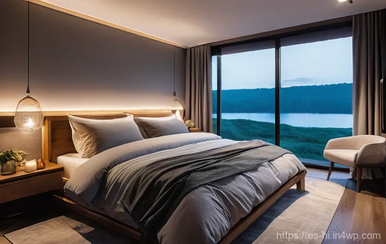 자연의 소리로 수면 환경 최적화하기 - **"A serene and cozy bedroom at dusk, designed as a personal sanctuary. The room is dimly lit, with ...