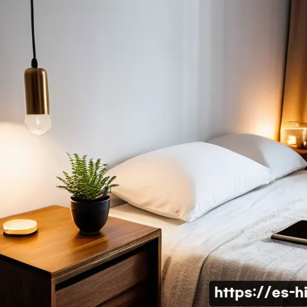 수면 환경과 일상 루틴의 통합 - A cozy, minimalist bedroom designed for deep restful sleep in a modern Spanish apartment, featuring ...