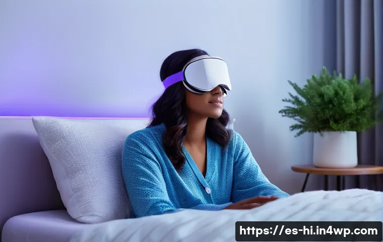 최고의 수면 보조기구 추천 - A modern bedroom scene at night featuring a young adult woman wearing comfortable, modest pajamas an...