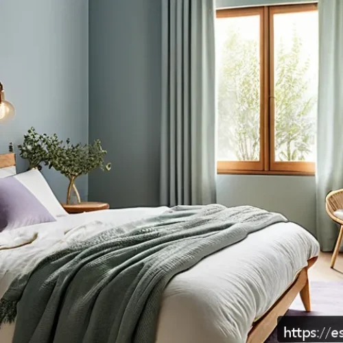 고요한 수면을 위한 인테리어 조언 - A serene bedroom interior featuring soft pastel wall colors in light blue, lavender, and muted green...