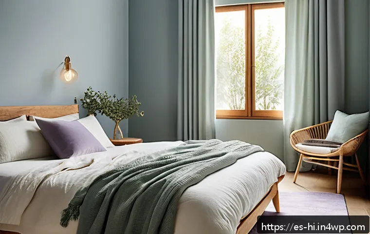 고요한 수면을 위한 인테리어 조언 - A serene bedroom interior featuring soft pastel wall colors in light blue, lavender, and muted green...