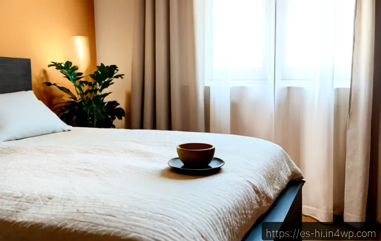 Home 17 스트레스를 줄이는 수면 환경 만들기 - Photorealistic serene bedroom designed for stress-free sleep, a neatly made bed with soft neutral li...